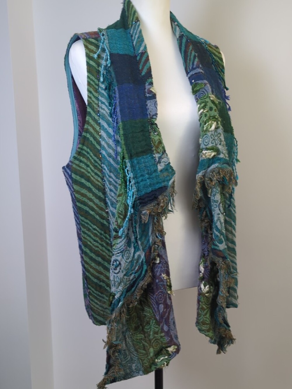 Anu by Natural 100% Wool Paisley Patchwork Beaded Boho Draped Vest Green Blue XL - Picture 6 of 16